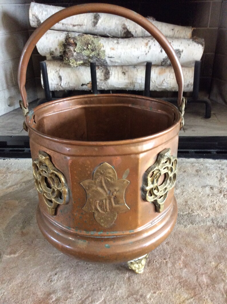 CamelPalm Tree Copper Pail Moroccan Octagon Scuttle Bucket Vintage Copper /& Brass Ornate Footed Planter India Mid Century