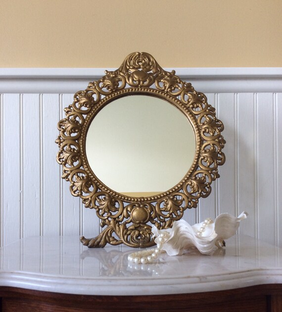 Vintage Large Vanity Mirror Standing Cast Iron Round Image 0