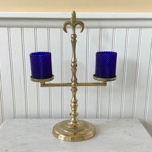 Vintage Brass Candleholder w/Glass Votives, Double Arm Candleholder, Cobalt Blue Votives, Fleur De Lis Candleholder, Candelabra