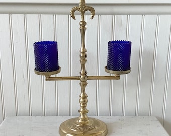 Vintage Brass Candleholder w/Glass Votives, Double Arm Candleholder, Cobalt Blue Votives, Fleur De Lis Candleholder, Candelabra