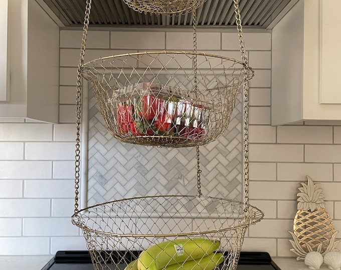 Vintage Large Three Tiered Wire Mesh Hanging Basket, 13/11/9 Hanging