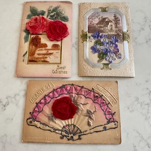 Lot de 3 cartes postales allemandes vintage v. Années 1900, cartes postales floquées, rose/fleur, meilleurs voeux/félicitations