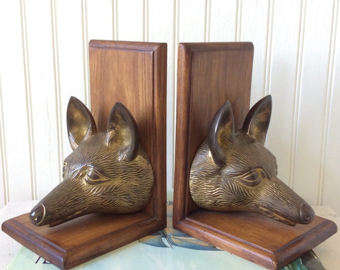 Vintage Large Brass Fox Bookends Brass Fox Head on Wood Etsy
