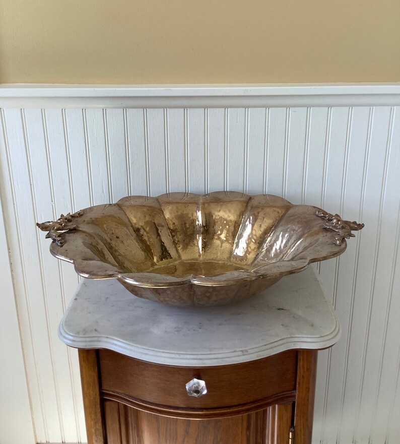 Vintage Large 22 Hammered Brass Decorative Bowl Footed Brass Etsy