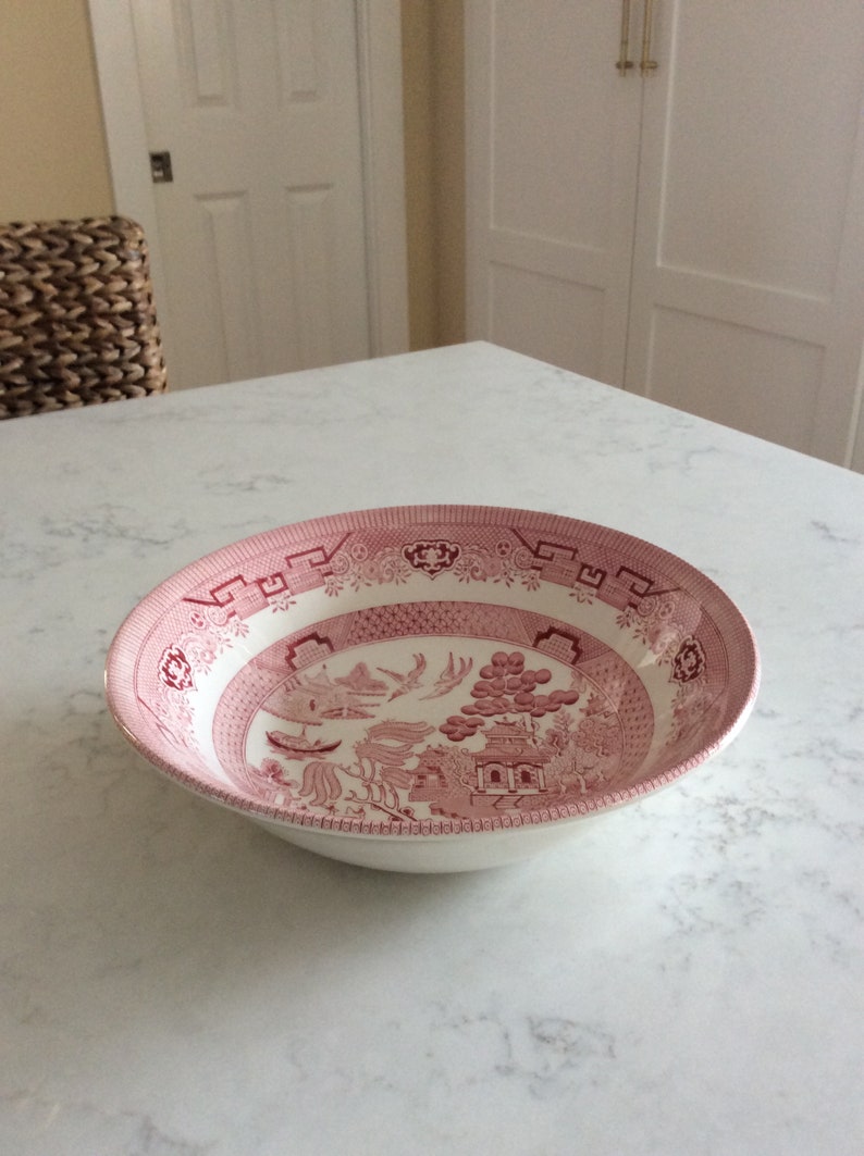 Pagoda Vintage Pink Willow Pink Rosa Chinoiserie Large Bowl Transferware Churchill England 9.5\u201d Serving Bowl French Country