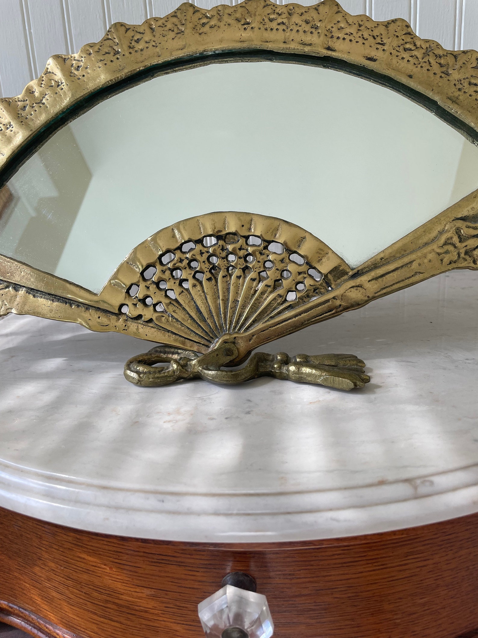 Vintage Brass Table Top Mirror Asian Brass Fan Mirror Vanity Etsy