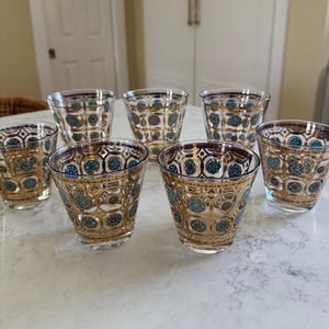 Vintage Set of 7 CULVER Gold & Aqua “AZTEC” Lowball Barware Glasses, Rare Culver, Rock Glasses, Whiskey Glasses, MCM Barware