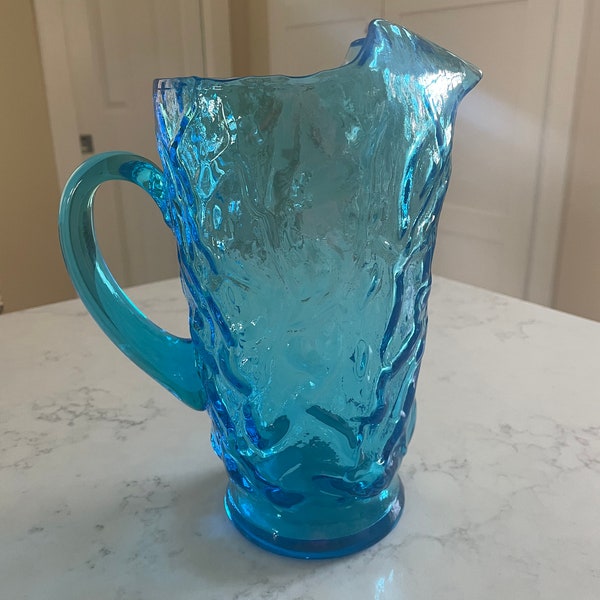 Vintage Seneca Glass Pitcher, Aqua Blue Pitcher, Driftwood/Seneca, MCM Pitcher, Coastal, Beach House