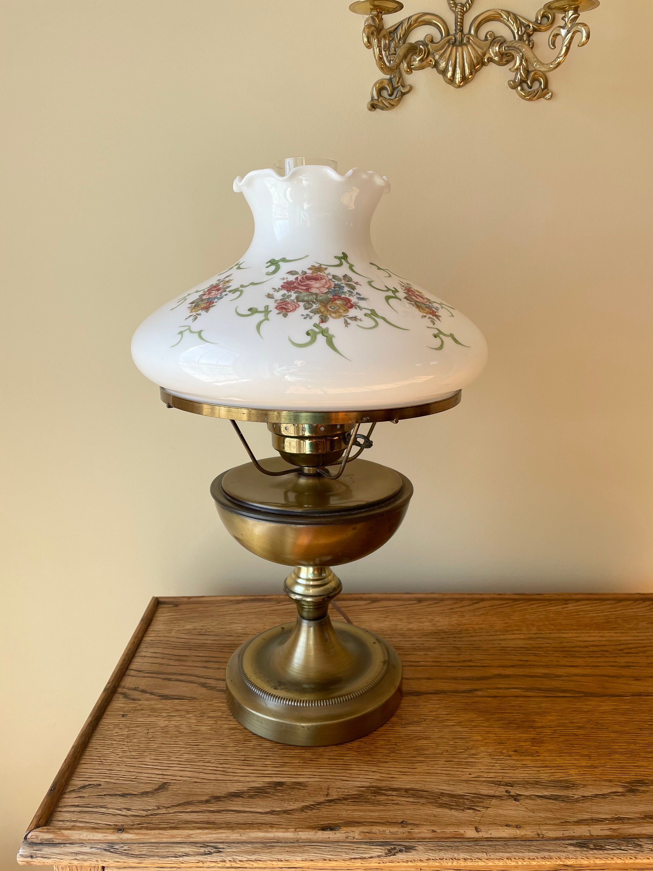 Vintage Parlor Lamp Brass Milk Glass Shade Lamp Hurricane Lamp