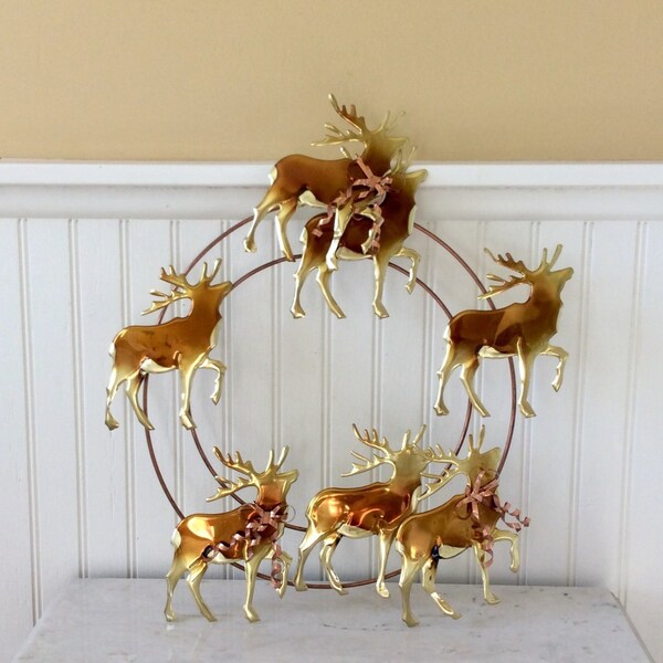 Vintage Brass Reindeer Wreath, Copper/Brass Deer Metal Art, Deer/Buck Wall Art, Christmas Decor, Cabin, Lakehouse, Mid Century
