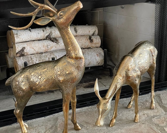 Vintage Pair of Large Brass Deer Statues, 22 Brass Reindeer, Brass Buck & Doe, Lodge/cabin Decor