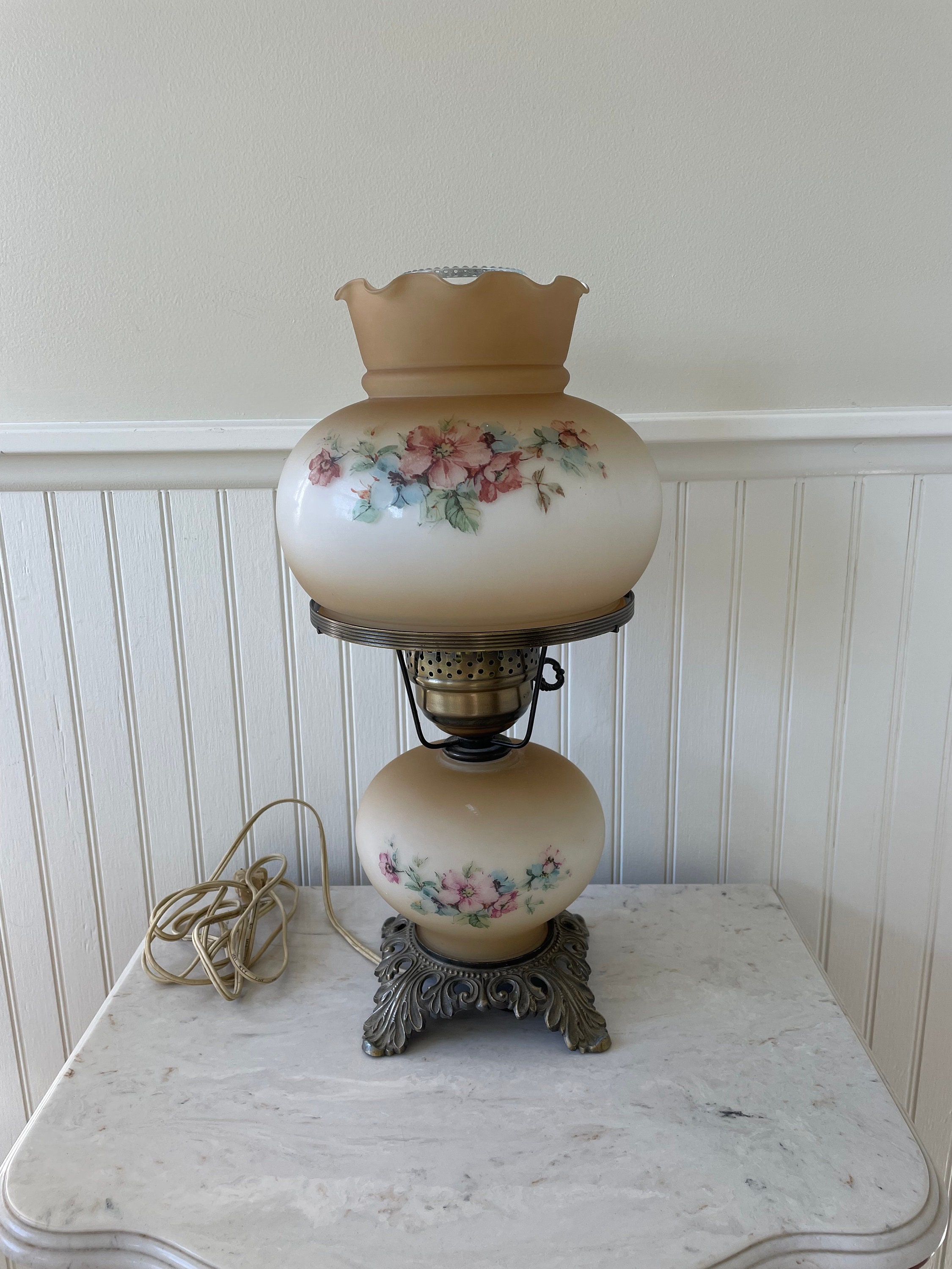 1950s White Glass Floral GWTW Style Hurricane Parlor Electric Lamp