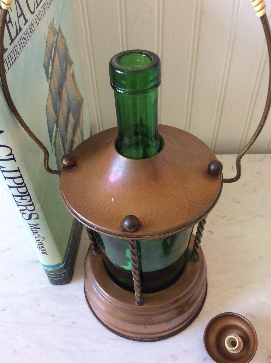 Vintage Copper Music Box Decanter Green Glass Lantern Etsy