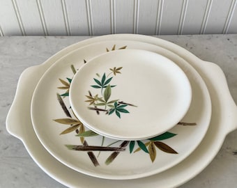 Vintage WOODLAND Dinnerware set of four  Bamboo design Platter, Plate, 2 Snack Plates, Mid Century, Coastal, Beach Decor