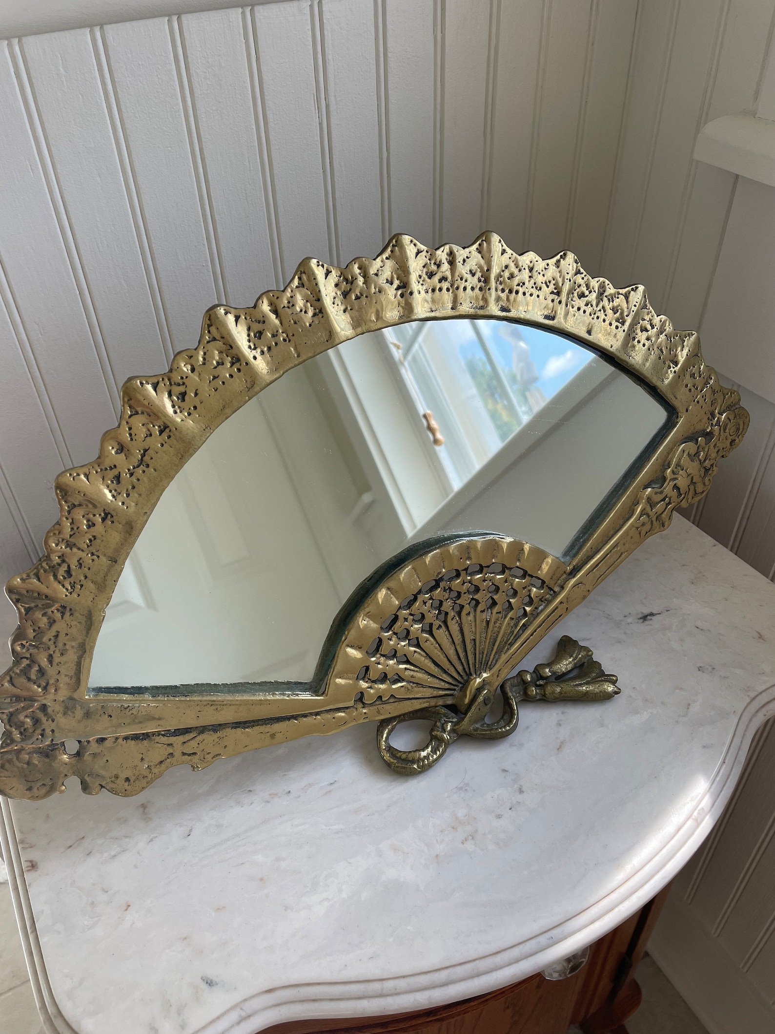 Vintage Brass Table Top Mirror Asian Brass Fan Mirror Vanity Etsy