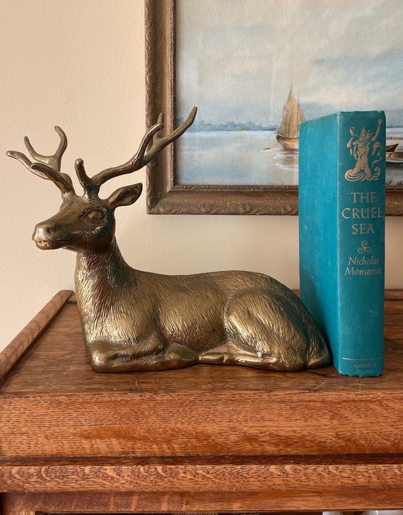 Vintage Large Brass Deer Statue, Brass Stag, Brass Buck, Resting Deer