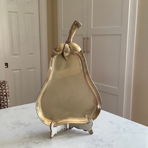 Vintage Large Brass Pear Decorative Serving Tray, 17” Brass Tray, Sarreid of Spain, Table Top Tray