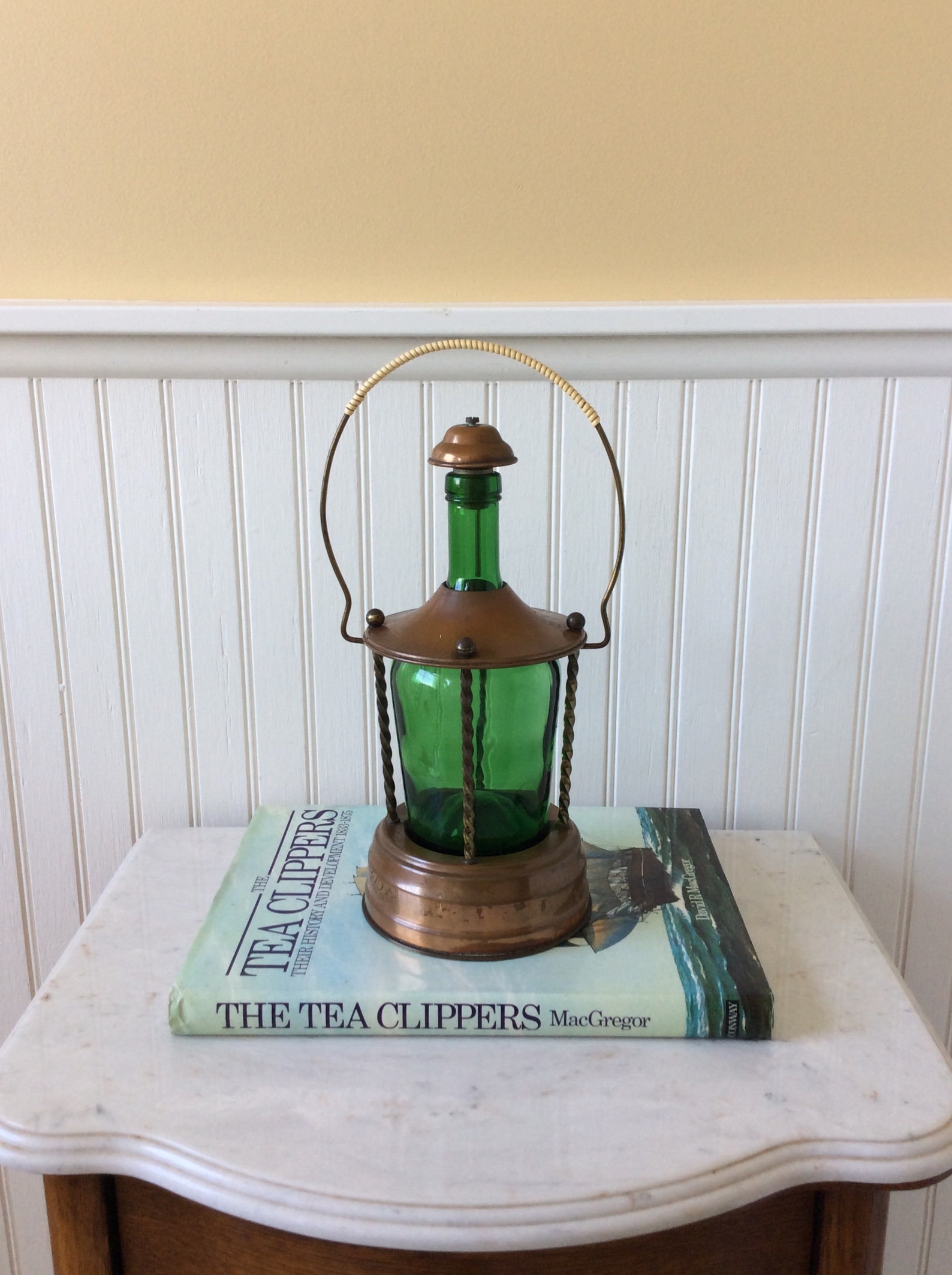 Vintage Copper Music Box Decanter Green Glass Lantern Etsy