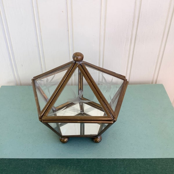 Vintage Glass Box, Brass Faceted Box, Pentagon, Five Sided Box, Etched Glass, Hummingbird,  Ring Box, Keepsake Box, Footed Glass Box
