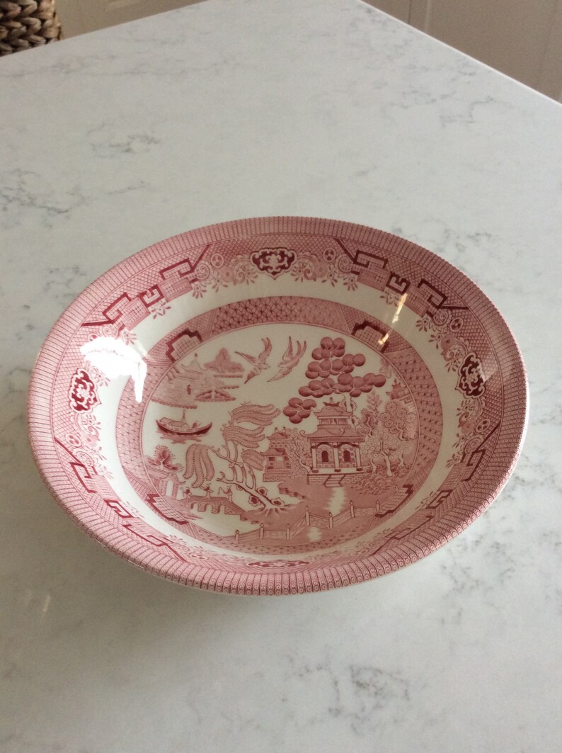 Pagoda Vintage Pink Willow Pink Rosa Chinoiserie Large Bowl Transferware Churchill England 9.5\u201d Serving Bowl French Country
