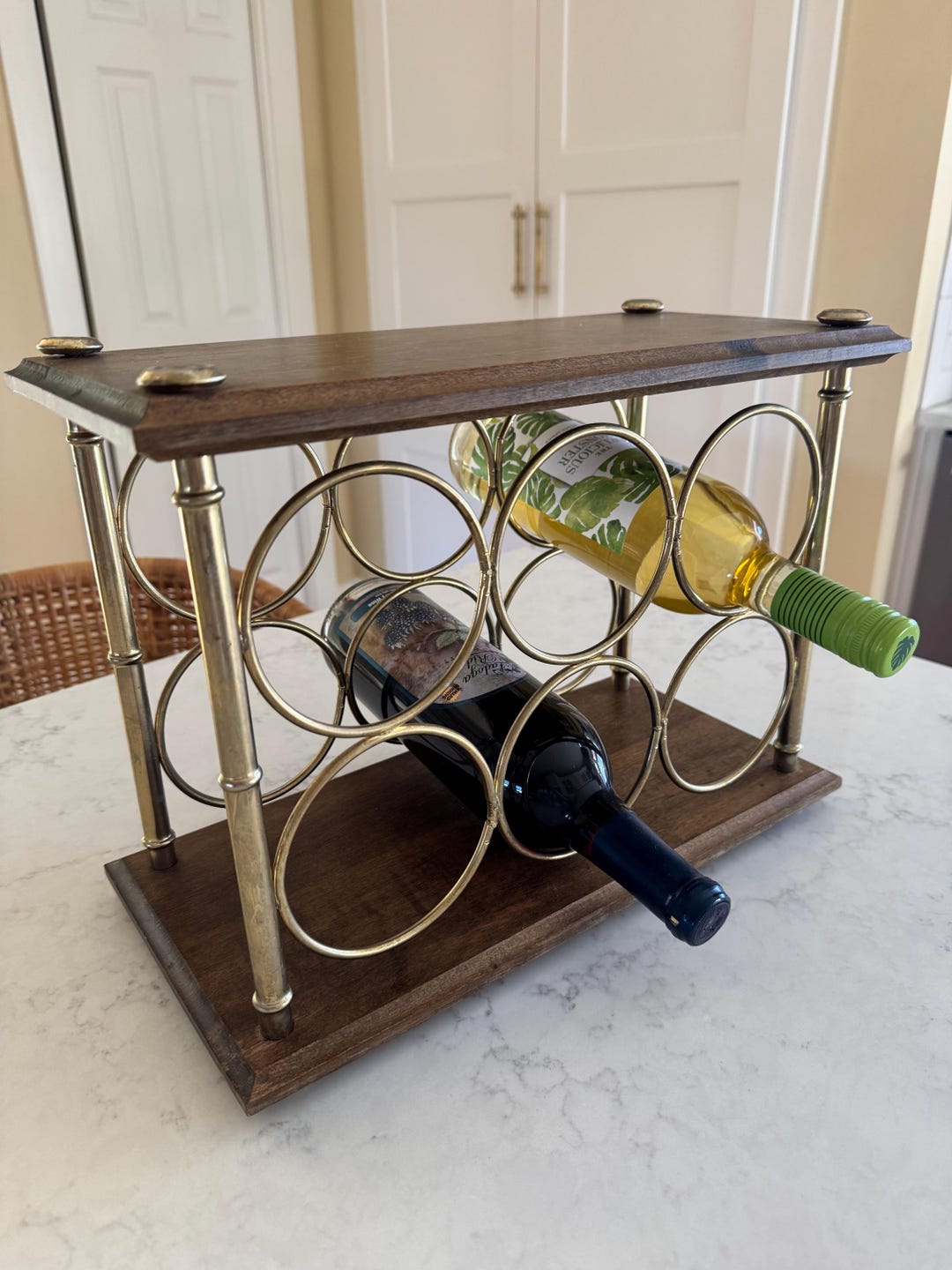 Vintage MCM Wine Rack, Wood & Gold Metal Bamboo Wine Rack, Under ...