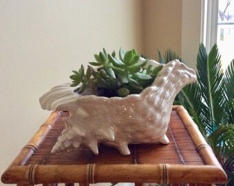 Vintage 10.5” White Pearl Ceramic Seashell Planter, Conch Shell Planter, Coastal, Nautical, Beach, Tropical