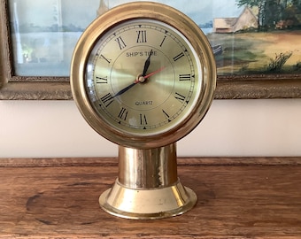 Vintage Brass Ships Time Clock, Nautical Quartz Clock, Binnacle Clock, Brass Table Top Clock, Maritime, Coastal, Man Cave Decor