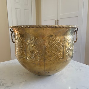 Vintage Large Hammered Brass Planter with Handles, 12.75” Brass Cache Pot, Brass Embossed Ornate Planter