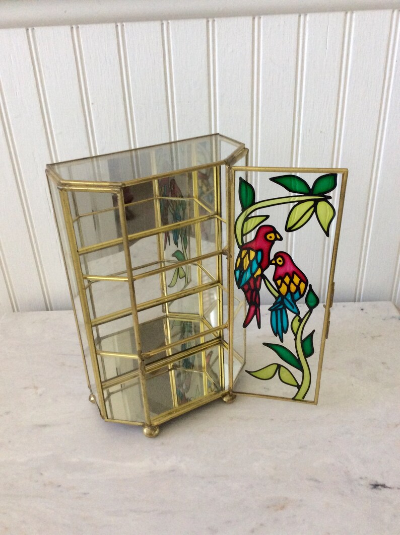 Miniature Storage Vintage Glass /& Brass Curio Keepsake Box Beach Tropical Parrots Jewelry Box Footed Jewelry Box Stained Glass
