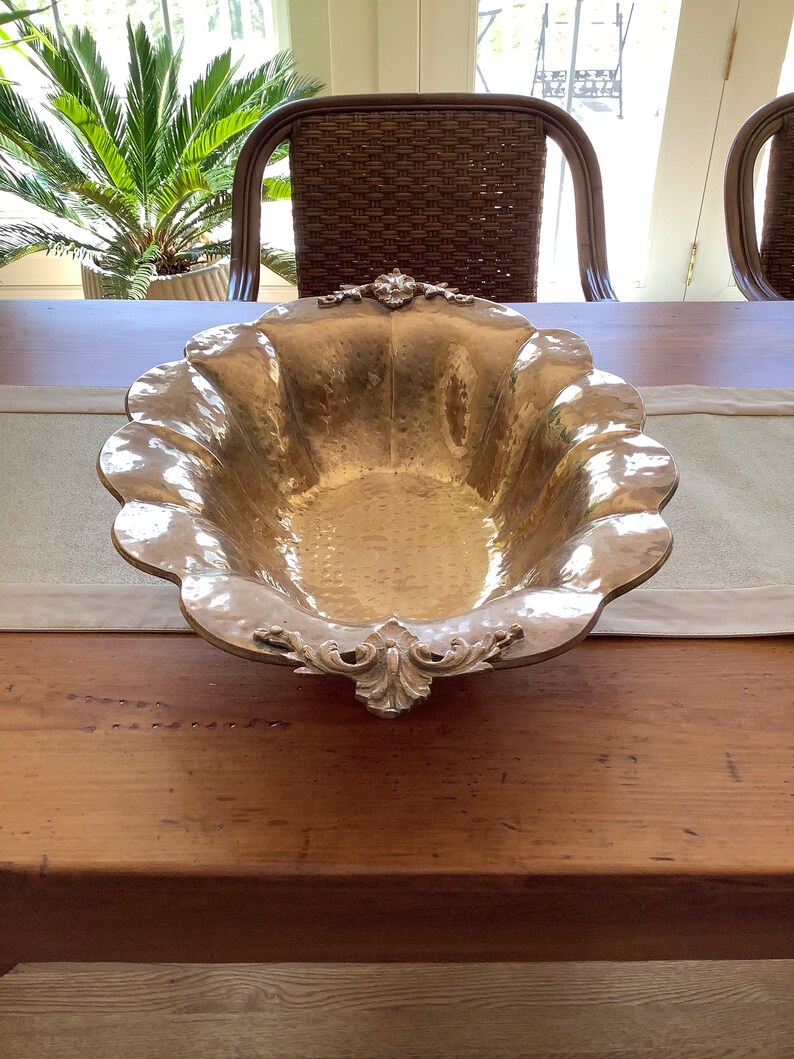 Vintage Large 22 Hammered Brass Decorative Bowl Footed Brass Etsy