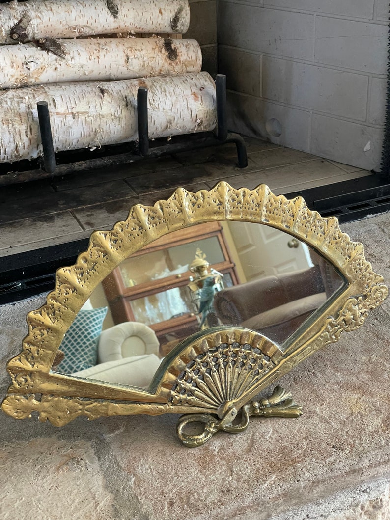Vintage Brass Table Top Mirror Asian Brass Fan Mirror Vanity Etsy