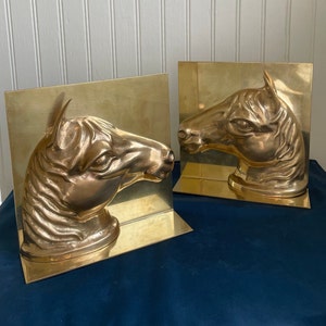 Vintage Pair of Large Brass Horse Bookends, Brass Horse Head, Equestrian, Ranch, Lodge, Mid Century, Rare Brass Bookends