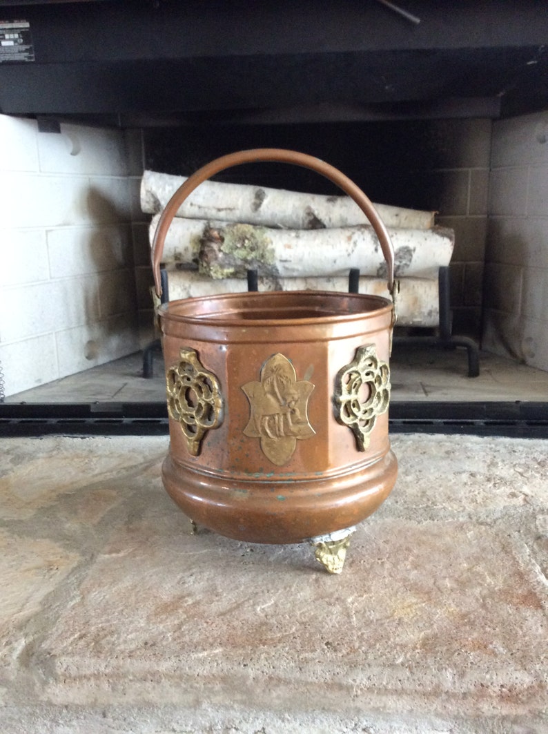 CamelPalm Tree Copper Pail Moroccan Octagon Scuttle Bucket Vintage Copper /& Brass Ornate Footed Planter India Mid Century