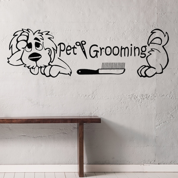 Grooming Salon Wall Decor, Pet Grooming Decals, Dog, Comb, Scissors, Vinyl Sticker Wall Art, Pet Shop, Home Decor, Art Mural Ms274