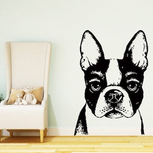 Calcomanía de cervatillo Boston Terrier, calcomanías de pared para perros, pegatinas de vinilo veterinarias, calcomanía de tienda de mascotas, decoración de salón de aseo, hogar Chu778