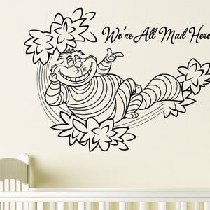 We&#39;re All Mad Here Wall Decals Quote Alice In Wonderland Nursery Sticker Cheshire Cat Vinyl Baby Room Bedroom Art Home Decor Ms524