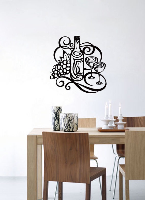 Wall Decal Wine Bottle With Grapes and Two Glasses Decal Vinyl
