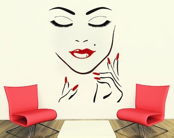 Wand Aufkleber Schönheit Salon Mädchen Gesicht Hand Maniküre Nagel Lippen lange Wimpern Nahaufnahme Make-up Aufkleber Vinyl Aufkleber Schönheit Salon Home Decor MS747