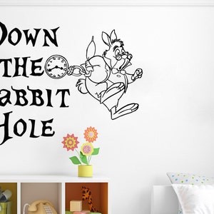 Wall Decals Quote Down The Rabbit Hole Decal Alice In Wonderland White Rabbit Vinyl Sticker Bedroom Nursery Baby Room Home Decor Ms527