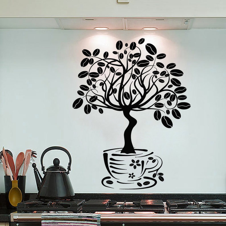 Wall Decals Cup Coffee Beans Tree Flowers Decal Vinyl Sticker Etsy