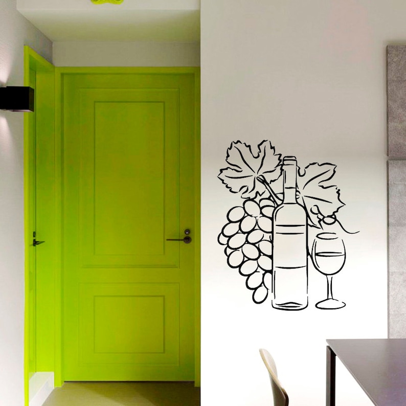 Wine Wall Decal Bottle With Grapes Decal Cafe Vinyl Sticker Etsy