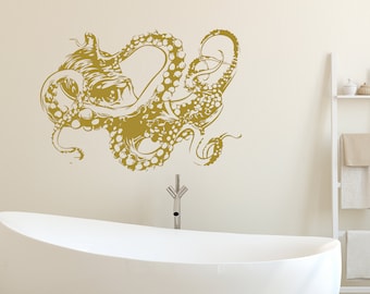 May include: A gold octopus wall decal with detailed tentacles, perfect for adding a nautical touch to a bathroom or any room.