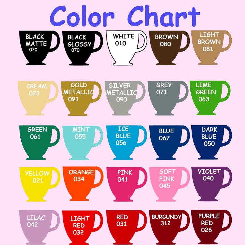 Pu&ograve; includere: Tabella colori con 24 colori diversi mostrati come tazzine da t&egrave;. Ogni colore ha un nome e un codice numerico. I colori includono nero, bianco, marrone, crema, oro, argento, grigio, verde lime, verde, menta, blu ghiaccio, blu, blu scuro, giallo, arancione, rosa, rosa chiaro, viola, lilla, rosso chiaro, rosso, bordeaux e rosso porpora.