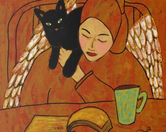 Angel And Black Cat Reading Book Original Art Print, Young Woman Portrait, Black Cat Painting, Cute Kitten Print, Angel Wall Artwork, Gifts