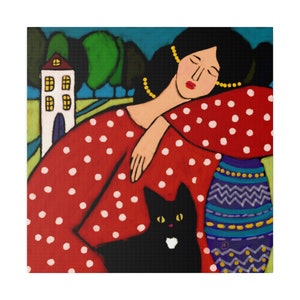 Woman Portrait Original Art Print On Canvas, Black Cat Artwork, Cute Kitten Print, Italian Landscape, Tabby Kitty Wall Art, Cat Lover Gift