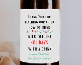 Regalo de agradecimiento para maestros / Regalo de Navidad para maestros / Etiquetas de botellas de vino de agradecimiento para maestros / Etiqueta personalizada para maestros / Regalo para maestros varones