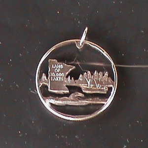 Hand cut Minnesota state quarter pendant, can be used as a necklace with choice of chain, money clip or earrings