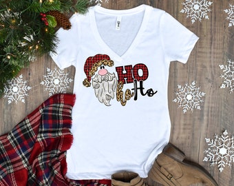 Christmas V-neck ladies tee, leopard print, santa, Ho Ho Ho