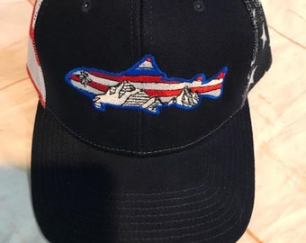 American Flag Trucker Hat with Embroidered Red, White & Blue Salmon/Mountain Scape