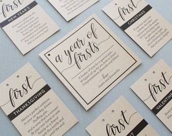 A Year of Firsts Milestone Wine Basket - Personalized Printed Tags (Black on Kraft) - Wedding Gift, Bridal Shower Gift, Couples Shower Gift